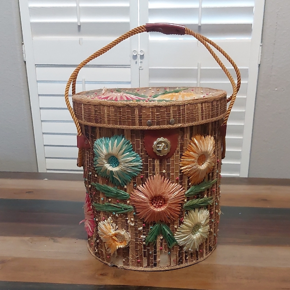 Vintage Multicolor Floral Basket with Handle